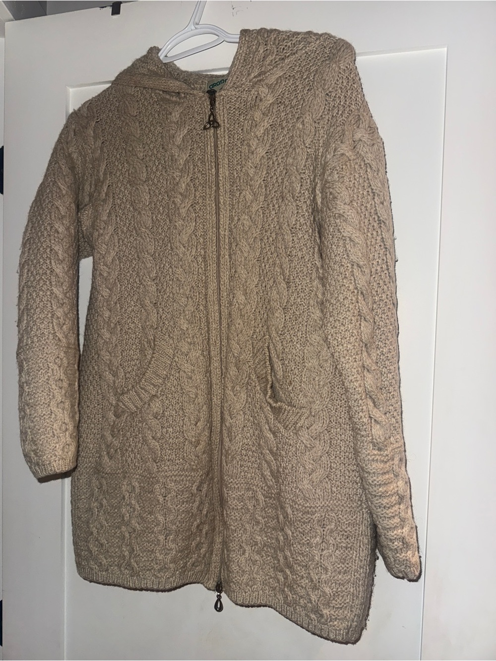 Hooded WOOL Cable Knit Zip-Front Sweater - Beige